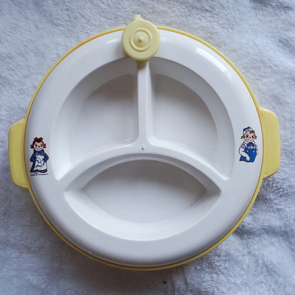 Vintage Raggedy Ann & Andy Nursery Needs Hot Water Feeding Dish W/ Box 1978